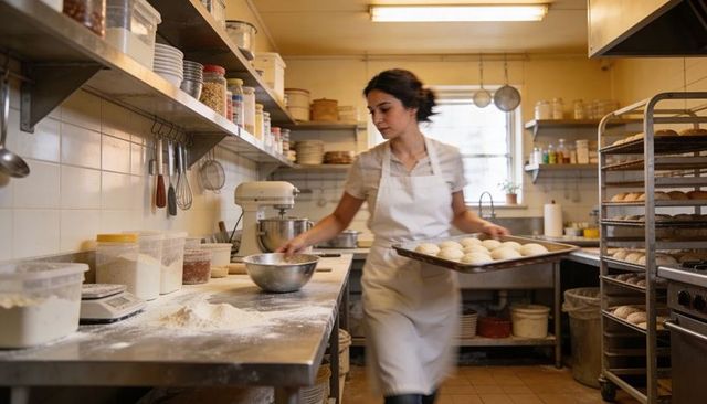 Artisan baker carrying tray of dough balls in busy commercial bakery kitchen