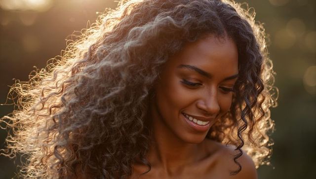 Golden-hour portrait smiling woman with backlit curly hair and warm sunlit halo glow