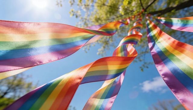 Twisting rainbow satin ribbons flowing through sunlit tree canopy with lens flare