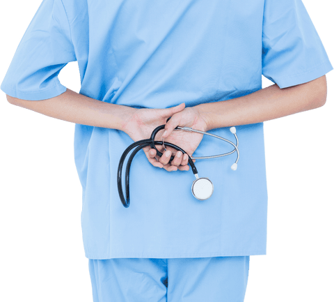 Transparent view of medical professional holding stethoscope behind back