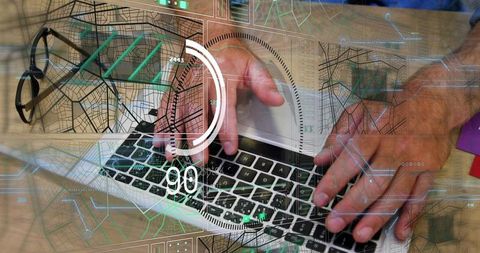 Hands typing on laptop with futuristic hud overlay, progress meter and data visualization