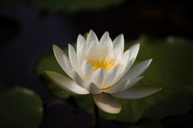 White water lily blooming gracefully with its delicate petals open on a calm pond. This serene and tranquil scene captures the beauty of nature, ideal for backgrounds, environmental campaigns, floral themed designs or relaxation and mindfulness materials.