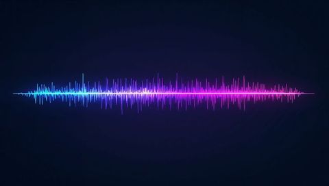 Neon audio waveform glowing horizontally in blue to pink gradient with reflective mirror