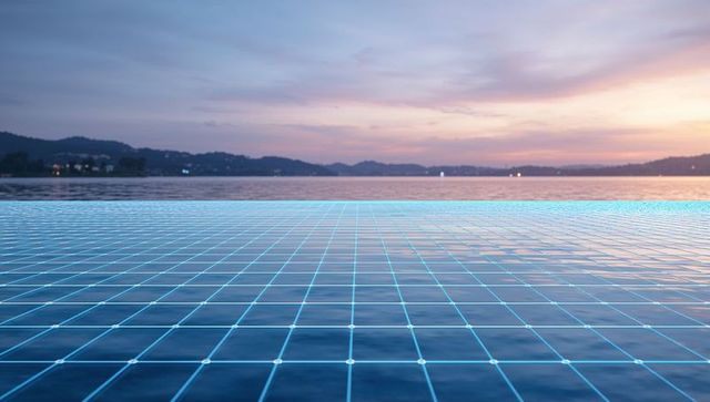 Neon blue digital grid overlay spanning calm lake at sunset reflecting pastel sky with glowing nodes