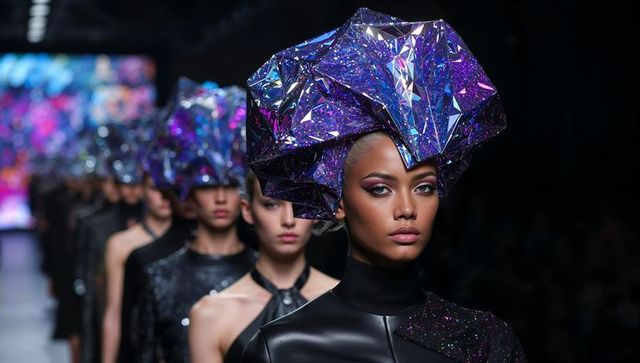 Avant-garde fashion show with futuristic iridescent headpieces