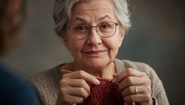 Senior woman enjoying knitting with red yarn and wooden needles
