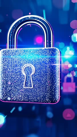 Neon-Blue Padlock Materializing in Digital Data Field | Vertical Cybersecurity Animation