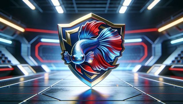 Glowing betta fish shield emblem hovering in futuristic neon arena metallic gloss logo