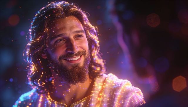 Smiling bearded man wearing luminous led robe with ethereal particle lights portrait