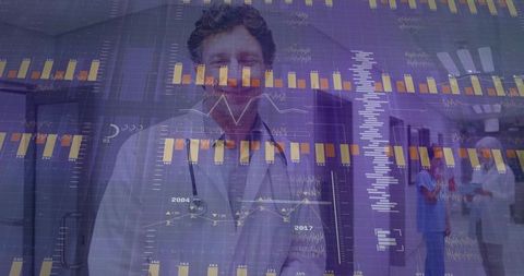 Physician analyzing medical data visualization in hospital corridor with collaboration