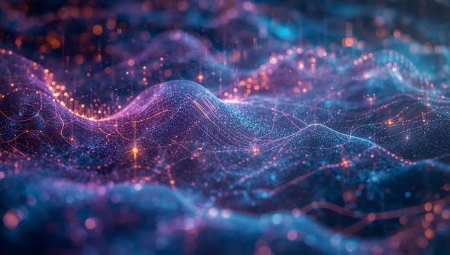 Abstract Digital Wave with Glowing Particles and Grid in Cyber Space