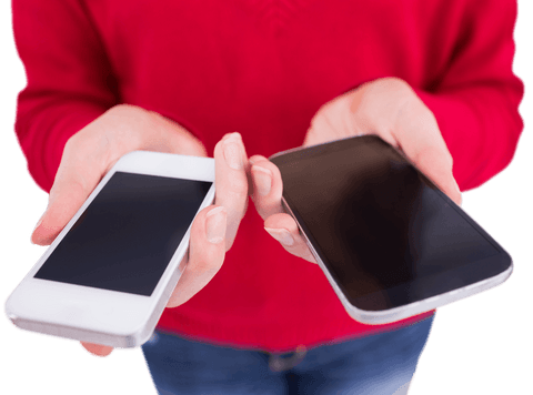 Unseen person holding two smartphones with transparent background