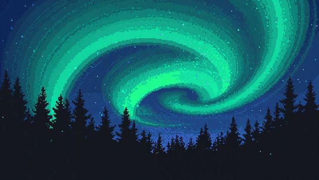 Spiral aurora borealis over pine silhouette night sky — teal green northern lights swirl