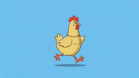 Whimsical running yellow cartoon chicken with comical expression