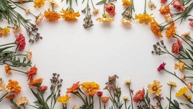 Warm-toned floral frame flatlay with orange and yellow blooms forming open white border
