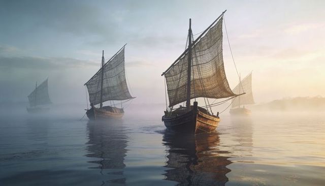 Gliding traditional wooden sailboats with woven sails crossing misty sunrise bay