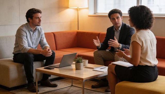 Business professionals discussing project strategy in modern office lounge, teamwork