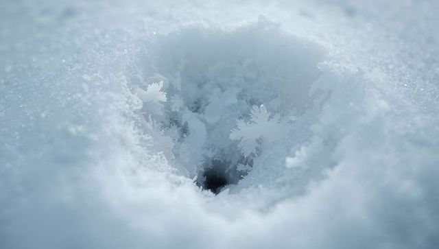 Revealing circular snow hole with frost crystals and feathery ice flakes