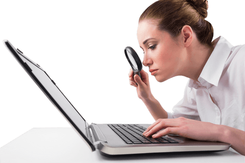 attentive businesswoman inspecting laptop screen with magnifying glass, transparent background - Download Free Stock Videos Pikwizard.com