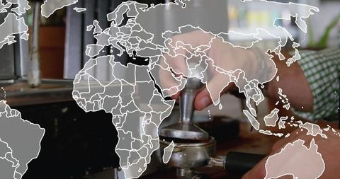 Barista crafting espresso with global world map overlay
