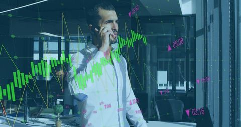 Businessman Communicating Financial Analysis in High-Tech Office