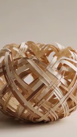 Tightening vertical shot moving into woven bamboo bowl highlighting interlaced texture