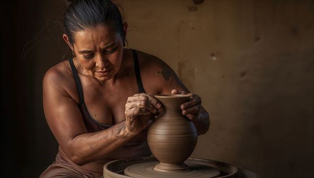 Hispanic potter shaping clay vase on wheel, focused female artisan working with clay