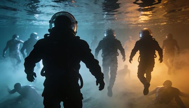 Backlit deep sea divers wearing full-face helmets navigating murky blue and amber underwater