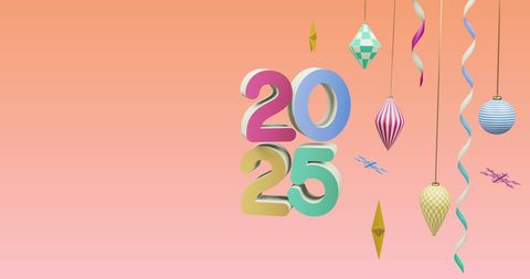 Colorful 2025 with Festive Decorations on Gradient Pink Background