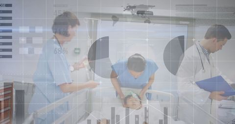 Healthcare Team Analyzing Data with Overlaid Statistics Charts