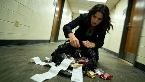 Woman searching through spilled handbag in office hallway holding keys and sorting receipts