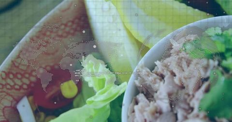 Digital fusion of cuisine and technology: world map and fresh salad