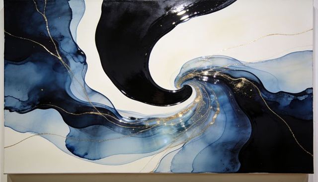 Indigo vortex resin canvas with gold leaf accents, glossy navy spiral wall art