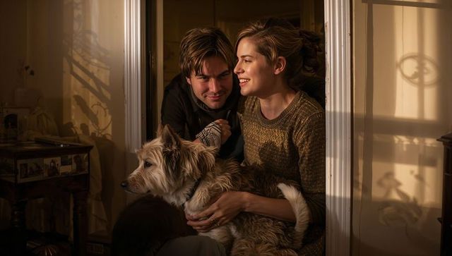 Couple cuddling with terrier mix in sunlit doorway, cozy golden hour home moment