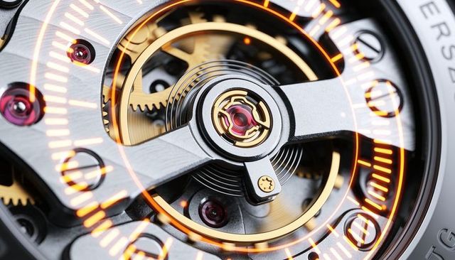 Spinning balance wheel closeup hairspring, bridge and gears with orange chapter ring
