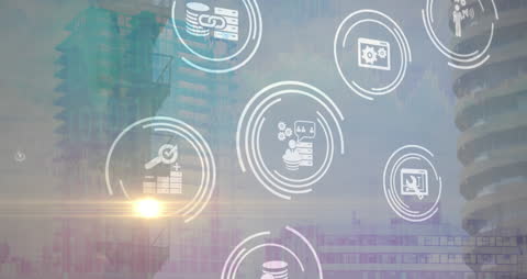 Digital Data Icons Overlaying Urban Skyline Illustration