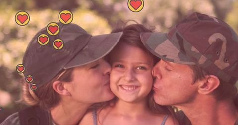 Happy Soldier Parents Kissing Smiling Daughter with Floating Hearts