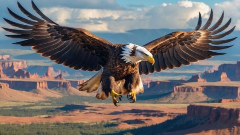 Bald eagle over sandstone canyons with native american landscape background