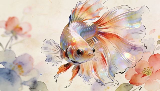 Iridescent betta fish gliding with flowing fins and watercolor floral background pastel