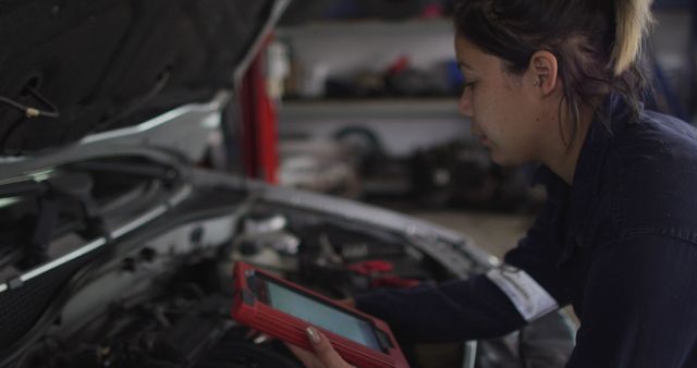 Female mechanic using digital tablet and inspecting the car at a car service station - Download Free Stock Photos Pikwizard.com