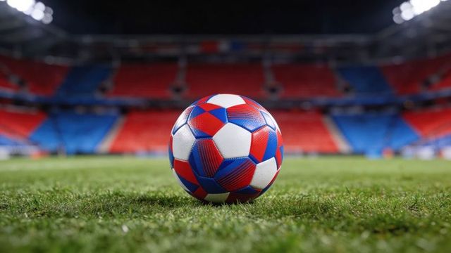 Red blue white soccer ball resting on pitch grass under stadium floodlights night closeup