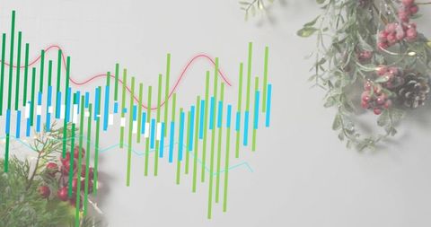 Festive botanical flatlay showing analytics dashboard overlay with colorful charts