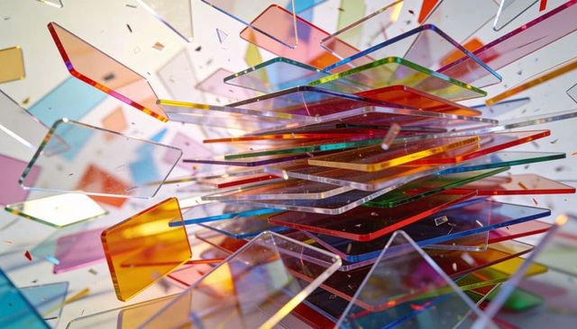 Prismatic stack of floating translucent panes refracting rainbow light in dynamic burst