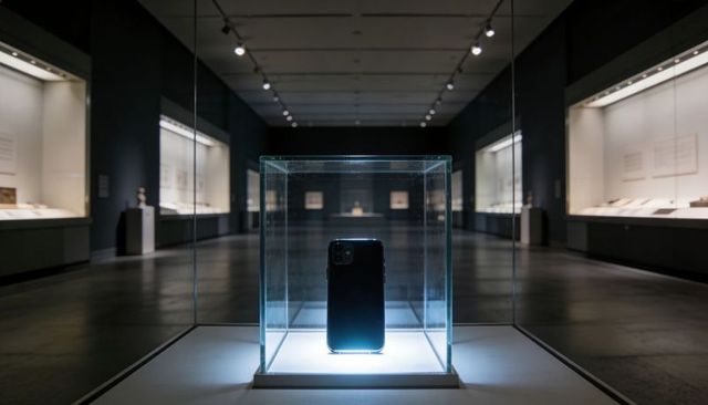 Displaying dark smartphone in glass cube on museum pedestal under dramatic spotlight
