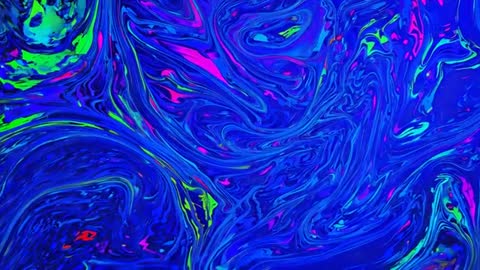 Cobalt and Neon Pigment Flow Creating Psychedelic Marbling Ribbons and Swirls