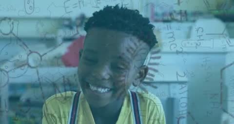 Smiling Boy Learning Chemistry with Doodles in Classroom