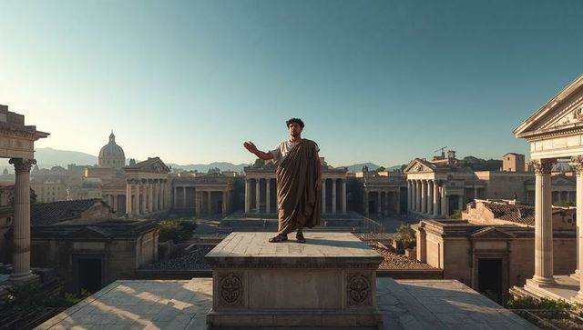 Roman orator delivering speech from marble pedestal in classical forum at golden hour