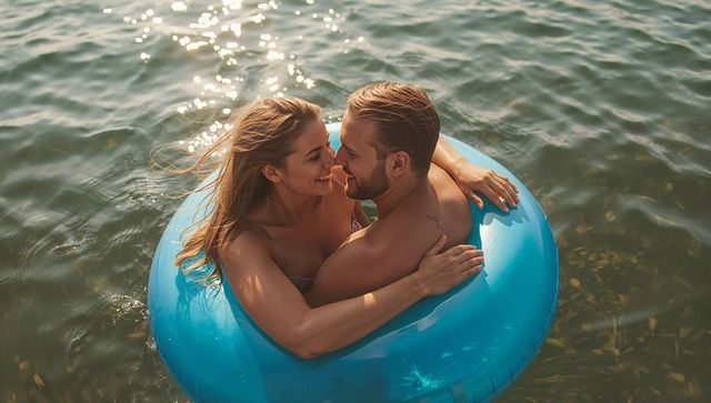 Sunlit couple embracing on blue inner tube floating on calm lake, summer romance moment