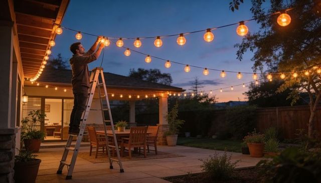 Man adjusting globe string lights on ladder over backyard patio at dusk cozy outdoor dining