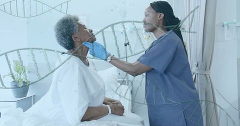 Healthcare Professional Administering Check-Up to Senior Patient with DNA Overlay